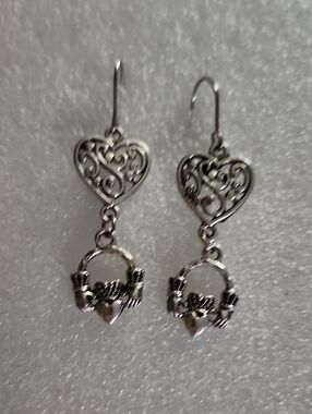 Hand Crafted Silver Heart Drop Filigree Earrings